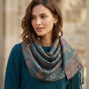 Vintage-Inspired Paisley Wool Silk Blend Teal Multi Colored Scarf /Shawl 27x72”